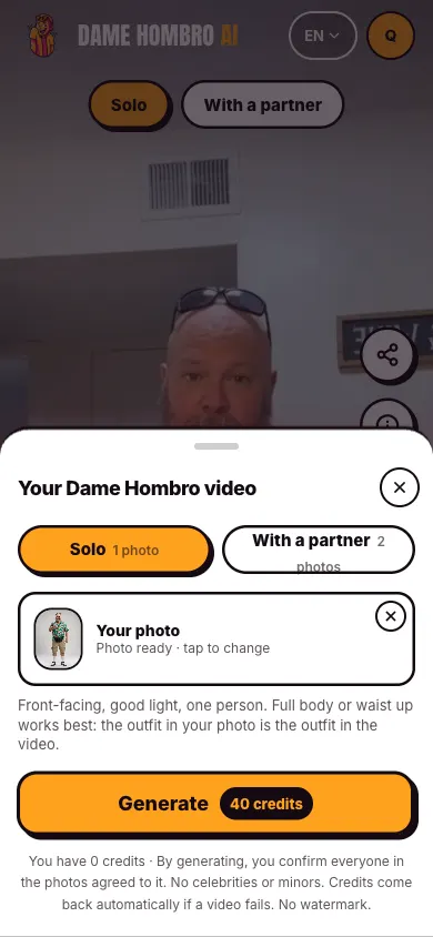 Dame Hombro AI upload panel with one person's photo added