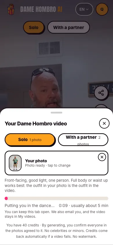 Progress bar while Dame Hombro AI makes the video