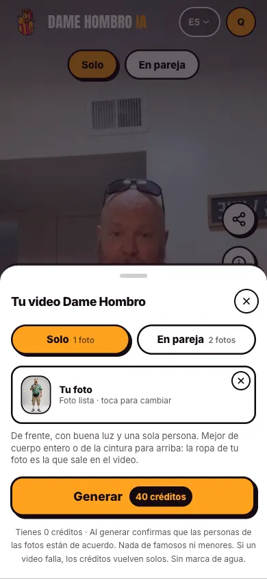 Panel de subida de Dame Hombro IA con la foto de una persona ya cargada