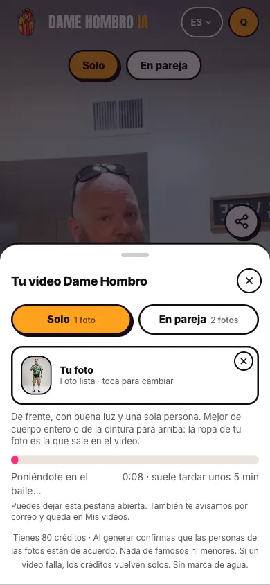 Barra de progreso mientras Dame Hombro IA hace el video