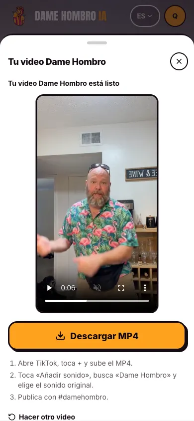 Video terminado en Dame Hombro IA con el botón Descargar MP4